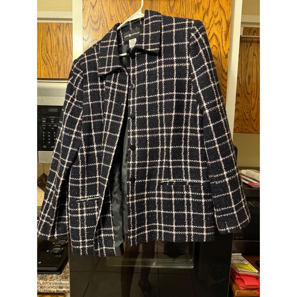 Sag Harbor‎ Womens Black Pink Plaid Tweed Blazer Jacket Metallic Shimmer size 14